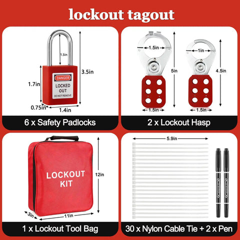 Industrial Lockout Tagout Kit For Electrical Safety With Locks And Clamp On Breaker Locks, Multi Pole Circuit Breaker Locks, Lockout Tower Buckles, Appliance Locks, LOTO Locks, Heavy Duty All In One Safety Kit For Electrical Pros includes safety padlocks, lockout hasps, tool bag, cable ties, and pens.