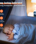 Baby sleeping peacefully under a blue blanket in a crib, highlighted features of a condenser fan motor on image