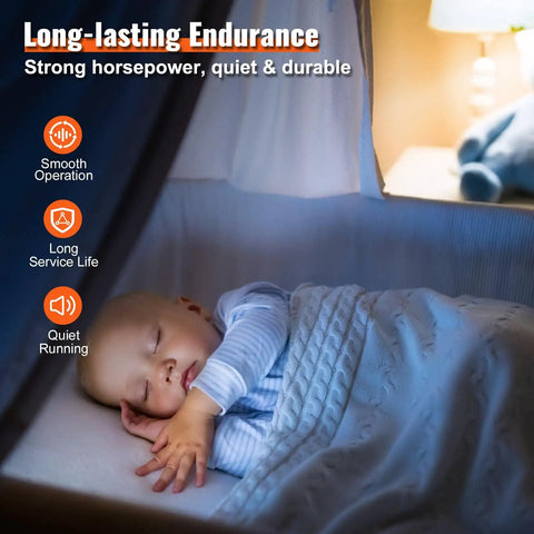 Baby sleeping peacefully under a blue blanket in a crib, highlighted features of a condenser fan motor on image