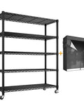 72.8 Inch 5 Tier Heavy Duty Storage Shelving With Cover And Wheels For Pantry Or Garage, Beefy Metal Shelving System With UV Dust Cover, Easy Roll Mobility, Large Storage Space And Enhanced Organization, black metal rack with cover and wheels