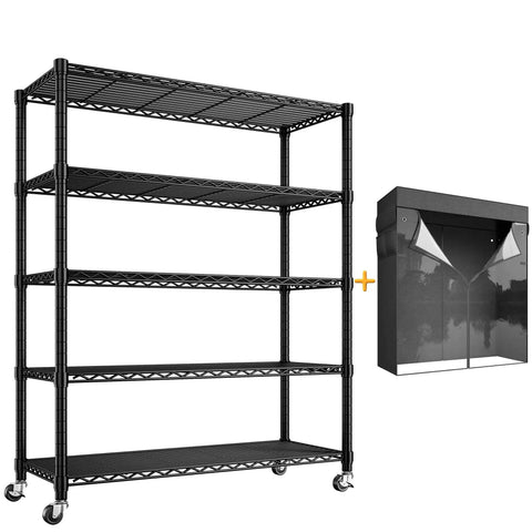 72.8 Inch 5 Tier Heavy Duty Storage Shelving With Cover And Wheels For Pantry Or Garage, Beefy Metal Shelving System With UV Dust Cover, Easy Roll Mobility, Large Storage Space And Enhanced Organization, black metal rack with cover and wheels
