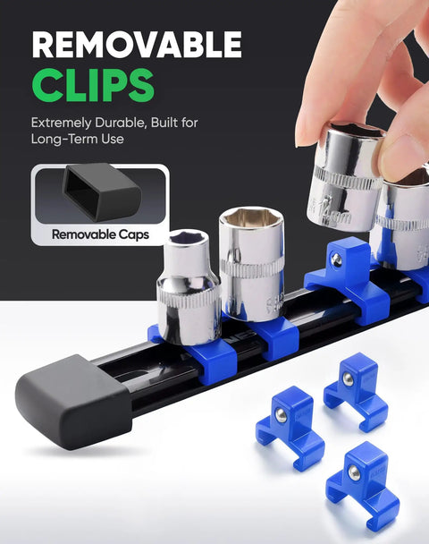 Heavy Duty 3 Piece ABS Socket Organizer With Spring Locked Storage Rails Designed To Grip 3/8 Inch Drive Sockets Firm Through Rough Jobs And Long Garage Shifts While Withstanding Daily Workshop Abuse And Impact