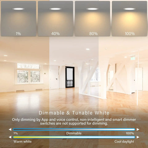 4 Inch LED Smart Recessed Pot Light 4 Pack, Slim Profile, WiFi App and Voice Control, 120V, 9W, 600LM, RGB and Tunable 2700K to 6000K, Wet Location, ETL FCC IC Rated, Alexa and Google Home Compatible, White
