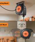 Beefy 45 Foot Retractable Extension Cord Reel With 12 Gauge 3 Conductor SJTOW Power Cord 15 Amp Breaker Lighted Triple Tap Ceiling Or Wall Mount ETL Listed Bright Orange shown mounted on ceiling and wall.