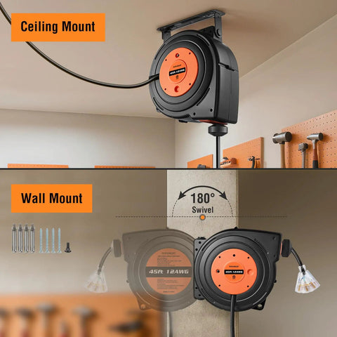 Beefy 45 Foot Retractable Extension Cord Reel With 12 Gauge 3 Conductor SJTOW Power Cord 15 Amp Breaker Lighted Triple Tap Ceiling Or Wall Mount ETL Listed Bright Orange shown mounted on ceiling and wall.