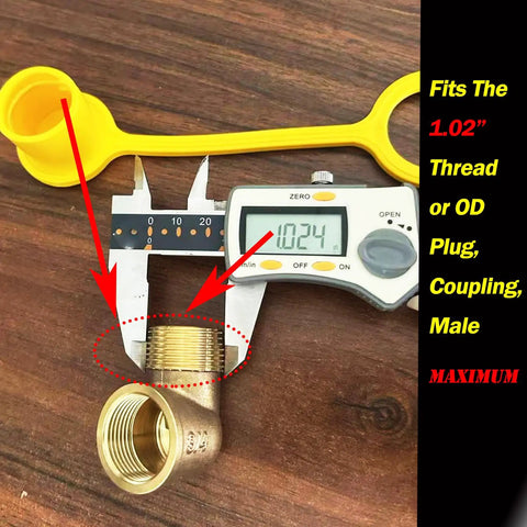 Three Quarter Inch Soft PVC Dust Free Yellow Protection Cap For Propane Quick Connect Hose Fittings And Male Fittings 2 Pack Fits Up To 1.02 Inch Diameter, shown with measuring calipers.