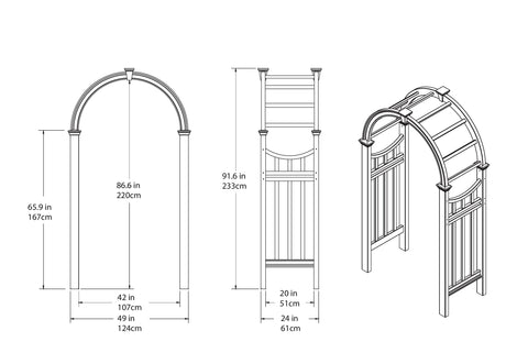 Diagram of Durable White Vinyl Arbor For Outdoor Garden Pathway 49 Inch Wide By 91 Inch High, easy to clean and weather resistant.