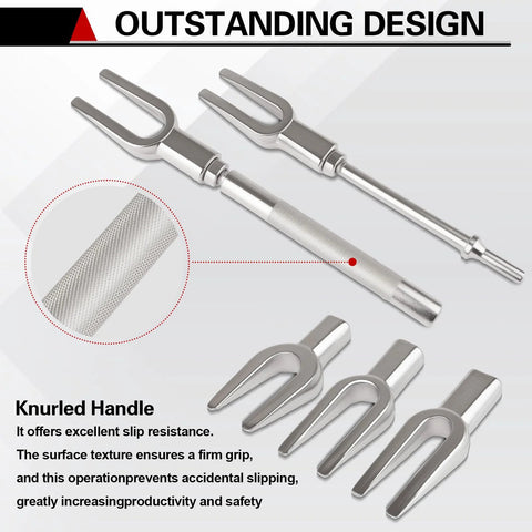 Jiimee 5-piece ball joint separator set with knurled handle and adapters; includes 1-1/8/ 15/16/ 11/16 inch pickle forks.