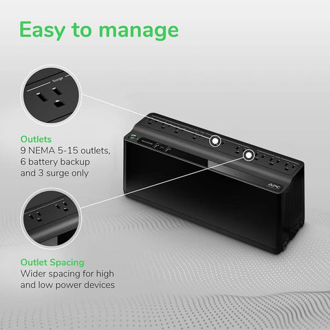Uninterruptible Power Supply 850VA 450W For Home Office Or Computer, Battery Backup And Surge Protector with visible outlets
