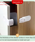 Cabinet lock shown on a drawer edge, 4 Pack Kid Safe Cabinet Locks Peel And Stick Drawer Latches No Drill Child Proof Clips.