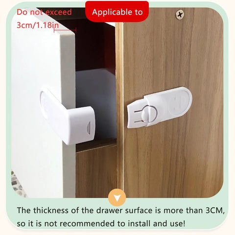 Cabinet lock shown on a drawer edge, 4 Pack Kid Safe Cabinet Locks Peel And Stick Drawer Latches No Drill Child Proof Clips.
