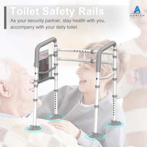 Toilet Safety Rails For Elderly And Handicap - Adjustable Width And Height Stand Alone Frame with family interaction, in use.