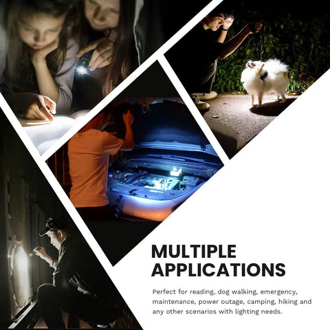 People using Rechargeable EDC Flashlight 1800 Lumen Output Beast Mode Bright Pocket Light With One Powerful LED Type C Charging Port for reading, dog walking, and car repair.
