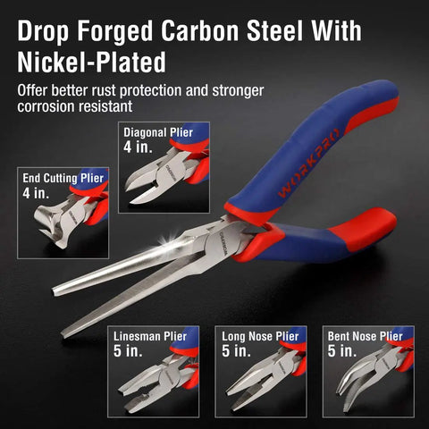 6 Piece Mini Pliers Set For Quick DIY Fixes And Electronics Repair With Needle Nose, Diagonal, Long Nose, Bent Nose, End Cutting, And Linesman Pliers Plus Durable Pouch shown with carbon steel tools