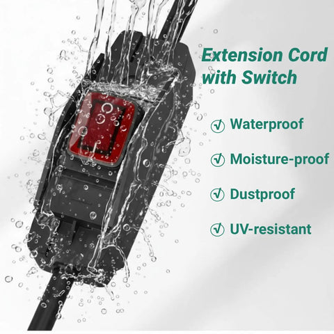 Rough And Ready Heavy Duty Extension Cord With Switch Waterproof 3 Prong Outdoor Power Cable Rated 15 Amp And 1875 Watt with water splash.
