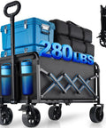 Front view of Black Foldable Wagon Cart with All Terrain Wheels, loaded with bags and blue containers, 280 LBS capacity, 2 drink holders.