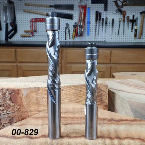 Solid Carbide Compression Flush Trim Router Bit Set Runs Smooth As Silk Keeps Clean Cut Lines For Awesome Cabinet Upgrades Two Piece Workshop Kit on wooden surface.
