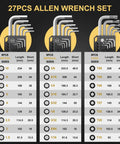 27-Piece Magnetic Allen Wrench Set With Extra-Long Ball End Hex Keys S2 Steel SAE Metric And Torx Keys size details chart