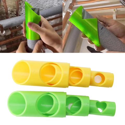 Easy Peasy Foam Pipe Cutter Tool 6 Pack For Quick Insulation Cutting In Home And Industrial Projects Durable Plastic Design For No Fuss Snug Fit Installations. Image shows green and yellow foam pipe cutters in use on gray insulation pipe.