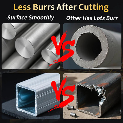 Four-panel collage of metal stock: cylindrical bars, hollow tube, rectangular aluminum tube, burr-cut square tube.