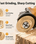 Multi Disc Wood Carving Kit With Tungsten Carbide Wheels And Upper Clamping Plates For Cutting, Shaping, Sanding, And Grinding On Angle Grinders, Bark Removal, Detail Work, Built Tough Gold Finish showing fast grinding