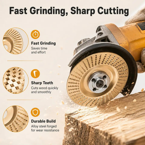 Multi Disc Wood Carving Kit With Tungsten Carbide Wheels And Upper Clamping Plates For Cutting, Shaping, Sanding, And Grinding On Angle Grinders, Bark Removal, Detail Work, Built Tough Gold Finish showing fast grinding
