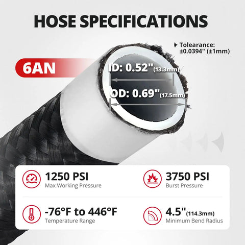 Evil Energy PTFE An10 Transmission Line Fits 2001 To 2005 Gm Duramax 6.6L Lb7 And Lilly Cooler Hose specifications including size and pressure ratings.