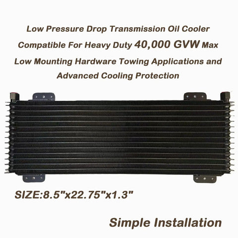 Low Pressure Transmission Oil Cooler For Heavy Duty Towing And RVs Beefed Up Cooling 8.5 Inch Core By 22.75 Inch Long By 1.3 Inch Thick Supports Up To 40000 GVW Easy Mounting And Advanced Cooling Protection