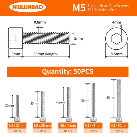 M5 Socket Head Cap Screws 304 Stainless Steel with sizes 30mm to 50mm, 50 pieces in Total, Perfect for Workshop Projects.