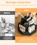 Before and after comparison with 9 Slot 360 Degree Rotating Pencil Holder Desk Organizer showing neat storage on desk.