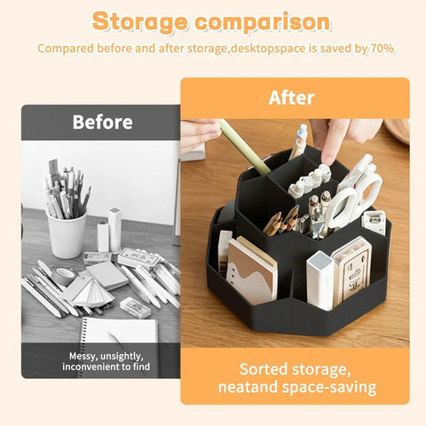 Before and after comparison with 9 Slot 360 Degree Rotating Pencil Holder Desk Organizer showing neat storage on desk.