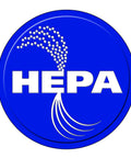 HEPA Cartridge Filter logo with blue background, symbolizes filtration for 5 Gallon and up wet dry shop vacuums, resists clogging.