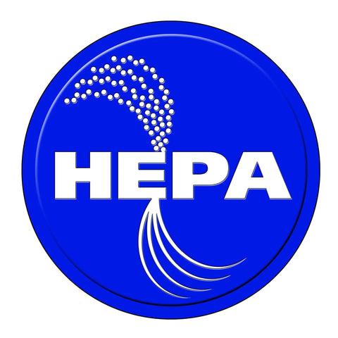 HEPA Cartridge Filter logo with blue background, symbolizes filtration for 5 Gallon and up wet dry shop vacuums, resists clogging.
