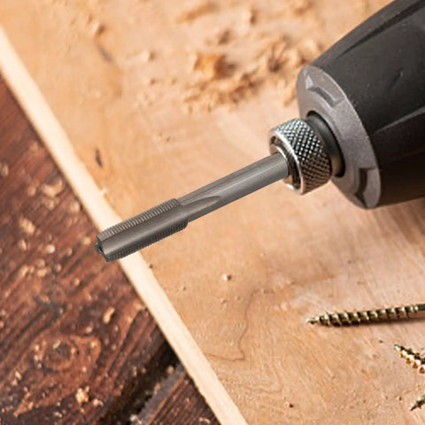 Beefy 5/16-36 Right Hand Thread Tap For Metalworking attached to drill, showing high grade steel for industrial use