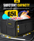 Car Trunk Organizer 65L Collapsible with Lid for SUV Auto Truck and Van Durable Oxford Fabric Non Slip Bottom Adjustable Straps Spacious Grocery and Gear Storage Solution shown loaded with sports and grocery items.