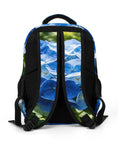 Back view of spacious unisex backpack with blue hydrangea print, breathable straps, polyester material for school, work, travel and everyday use.