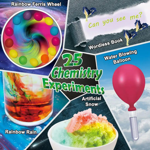Image of Kids Science Lab Kit With Seventy Plus Experiments A Fun Kid Friendly Chemistry Set For Boys And Girls featuring rainbow ferris wheel, wordless book, rainbow rain, artificial snow, and water blowing balloon.