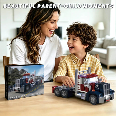 Epic Classic American Semi Truck Building Kit For Kids And Adults With 269 Pieces In ABS Plastic Realistic Long Nose Tractor Trailer Model With Detailed Grille Hood And Detachable Trailer shown with mother and child