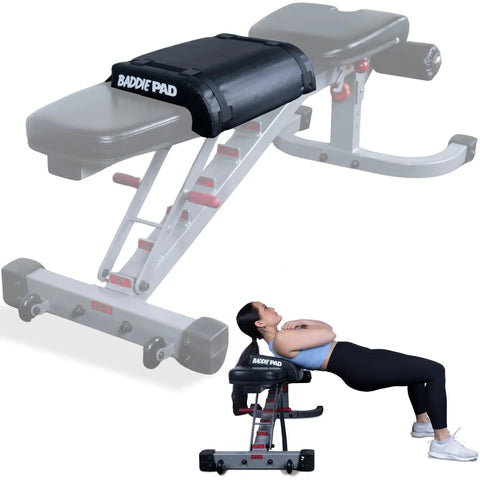 Hip Thrust Pad For Back, Shoulder And Neck Support, Cushioned Barbell Pad in black on bench with person using it for workout