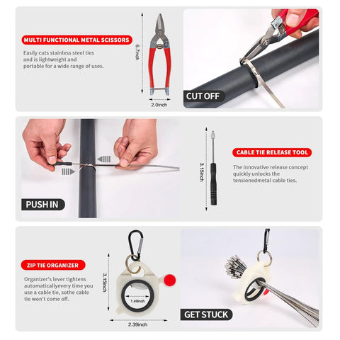 Heavy Duty Metal Zip Tie Gun Set With 150 Pieces Stainless Steel Zip Ties for fastening and cutting ties, tools shown.