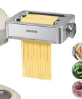 Built Tough All Metal Pasta Attachment For KitchenAid Mixers, stainless steel roller cutting fettuccine and linguine noodles from dough.