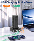Straight Up Essential Heavy Duty Vertical Power Strip Tower With Twelve AC Outlets And Four USB Ports Features Dual USB C Fast Chargers And Six Foot Cord For Super Easy Desk Organization with USB-C and USB-A connections.