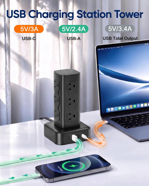 Straight Up Essential Heavy Duty Vertical Power Strip Tower With Twelve AC Outlets And Four USB Ports Features Dual USB C Fast Chargers And Six Foot Cord For Super Easy Desk Organization with USB-C and USB-A connections.