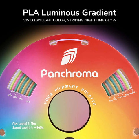 Panchroma Gradient Luminous Rainbow PLA Filament 1.75mm For 3D Printing 1kg Spool packaging showing color gradients