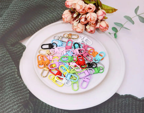 Forty Five Piece Rock Solid Metal Lobster Claw Clamps With Dope Mixed Color Combo, assorted colors displayed on a white plate.