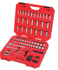 Heavy-Duty 105-Piece Socket Set With One Quarter Inch And Three Eighths Inch Drives Pro Grade Sockets in red blow molded case.