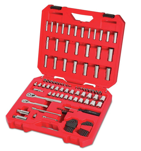 Heavy-Duty 105-Piece Socket Set With One Quarter Inch And Three Eighths Inch Drives Pro Grade Sockets in red blow molded case.