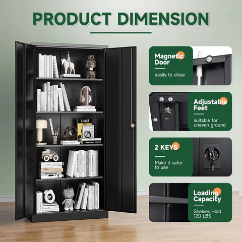 Heavy Duty Metal Garage Storage Cabinet With Locking Doors And Adjustable Shelves, 71 Inch High, 32 Inch Wide, 16 Inch Deep, displaying adjustable feet and capacity features.