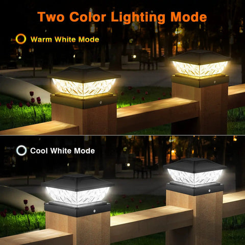 Solar Powered Post Cap Lights 6 Pack With Dual Mode Cool White And Warm White, Waterproof Outdoor Fence And Deck Cap Lights display