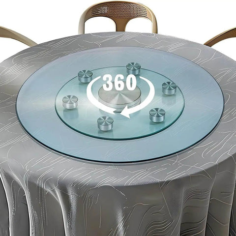 Large Round Clear Tempered Glass Lazy Susan Turntable Heavy Duty Swivel Rotating Serving Tray on a table with 360-degree spin feature.